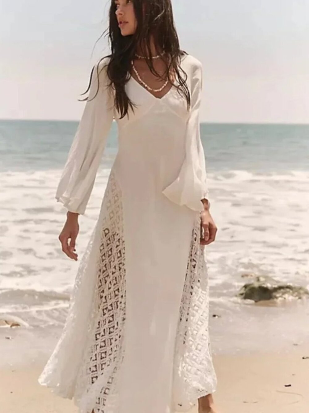 Free People Hazel Maxi Elegant Dress Drapey Long Sleeve V Neck Ivory Lace Sz M